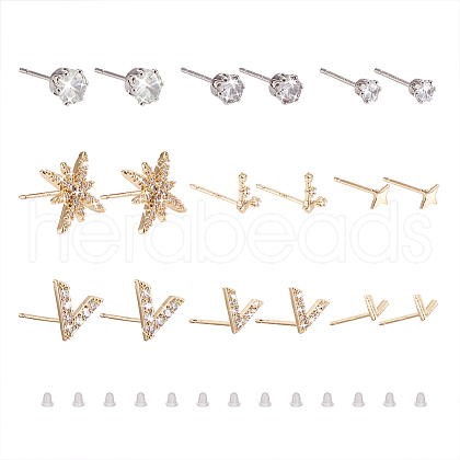 Kissitty 9Pair 9 Style Star & V-shape Brass Stud Earrings EJEW-KS0001-01-1