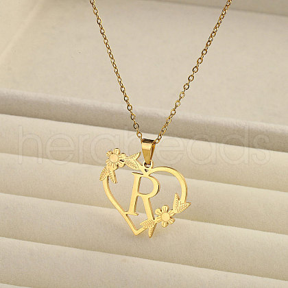 201 Stainless Steel Flower Heart Initial Pendant Necklaces for Women FS-WG08285-16-1