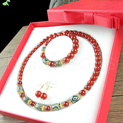 Natural Dragon Bone Stone Round Beaded Necklaces & Beaded Bracelets & Dangle Earrings Sets WGE6446-07-1