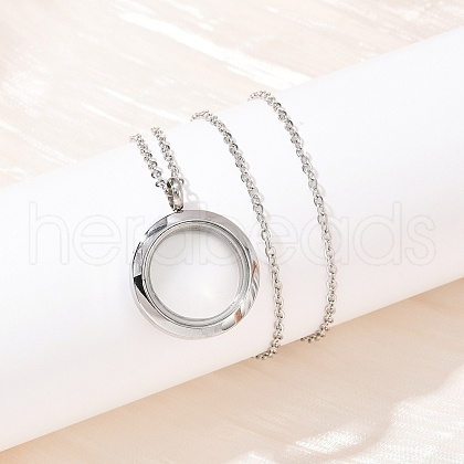 304 Stainless Steel Visible Flat Round Locket Pendant Pet Urn Ashes Necklaces NJEW-S455-08P-1