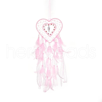 Heart Woven Web/Net with Feather Hanging Ornaments HJEW-G025-12A-1