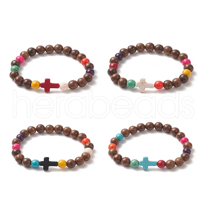 Dyed Synthetic Turquoise Cross & Wood Round Beaded Stretch Bracelet for Women BJEW-JB09276-1