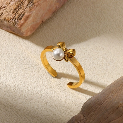 304 Stainless Steel Plastic Pearl Open Cuff Ring for Women RJEW-Z088-05G-1