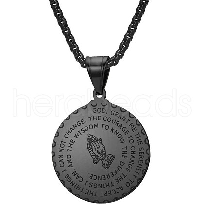 Stainless Steel Round Pendant Necklace Praying Hands Coin Jewelry Accessory IE6577-3-1