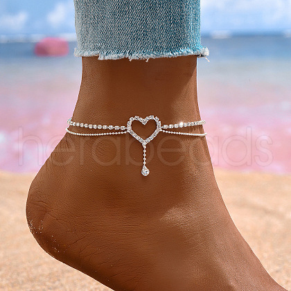 Zinc Alloy Crystal Rhinestone Heart Link Iron Double Layer Chain Anklets for Women FS-WG2911E-05-1