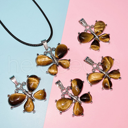 Butterfly Alloy Pave Natural Tiger Eye Pendant Imitation Leather Cord Necklaces FS-WG1163A-08-1