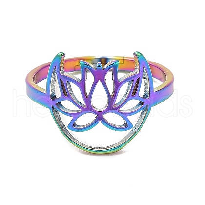 Ion Plating(IP) 304 Stainless Steel Hollow Lotus Adjustable Ring for Women RJEW-M149-30RC-1