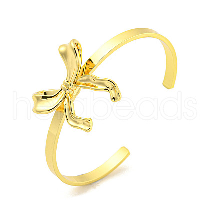 Bowknot Rack Plating Brass Open Cuff Bangles for Women BJEW-P322-06B-G-1