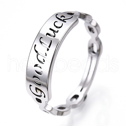 Non-Tarnish 304 Stainless Steel Word Good Luck Adjustable Ring for Women RJEW-T027-13P-1