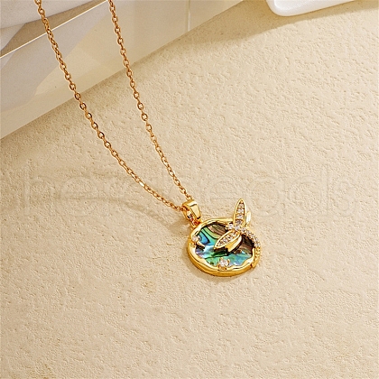 Fashionable Brass Pave Natural Paua Shell & Clear Cubic Zirconia Pendant Necklaces for Daily Parties QO9830-1-1