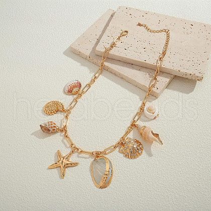 Brass & Natural Shell Starfish Shell Shaped Pendant Bib Necklaces for Beach FS-WGE22AD-02-1