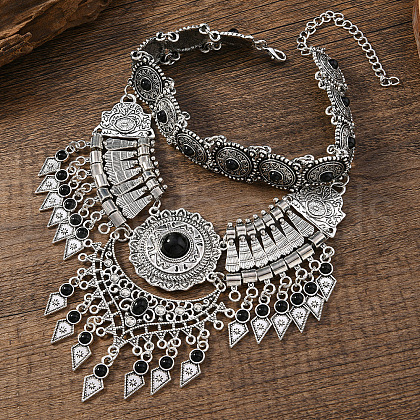 Zinc Alloy Pave Synthetic Blake Stone Triangle Trible Floral Chunky Bib Necklaces for Women FS-WG45F90-03-1