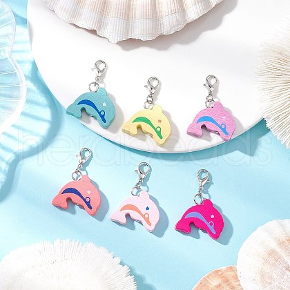 Natural Wooden Dolphin Pendant Decorations HJEW-JM03339-1