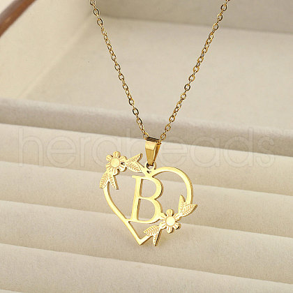 201 Stainless Steel Flower Heart Initial Pendant Necklaces for Women FS-WG08285-21-1