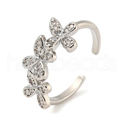 Flower Rack Plating Brass Micro Pave Cubic Zirconia Open Cuff Rings for Women RJEW-N047-01P-03-RS-1