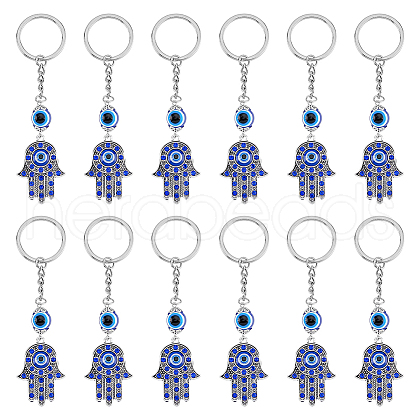 DICOSMETIC 12Pcs Hamsa Hand with Evil Eye Alloy Rhinestones Keychains KEYC-DC0001-25-1
