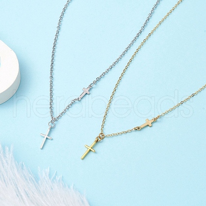 2Pcs 2 Colors Cross 304 Stainless Steel Pendant Necklaces for Women NJEW-JN05200-1