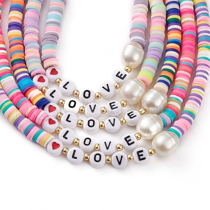 Valentine's Day Rainbow Polymer Clay Heishi Beaded Necklaces NJEW-JN03301-1