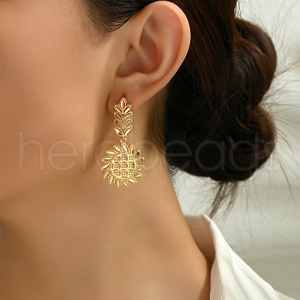 Vintage Vacation Style Leaf with Flower Brass Dangle Stud Earrings HZ7784-1
