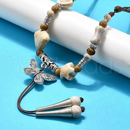 Ethnic Style Alloy & Porcelain Ceramic Beads Butterfly Pendant Tassel Y Necklaces NJEW-D308-01D-1