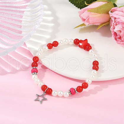 Dyed Round Natural Malaysia Jade with ABS Plastic Pearl Beaded Stretch Bracelets for Women BJEW-JB11643-03-1