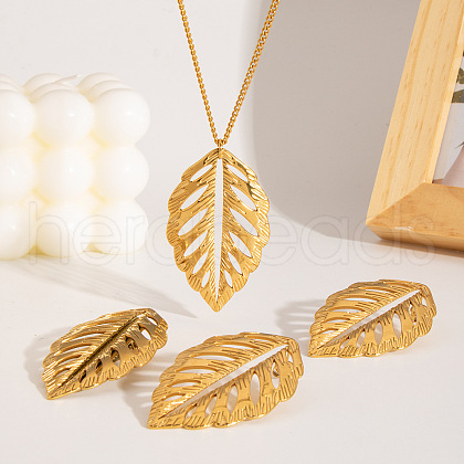 Stainless Steel Hollow Leaf Alligator Hair Clips & Stud Earrings & Pendant Necklaces Sets for Women IK7131-1-1