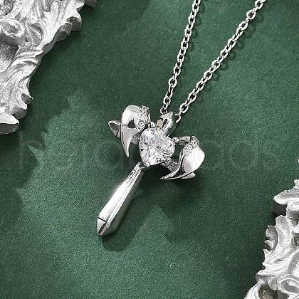 Brass Cubic Zirconia Wing Cross Pendant Necklaces for Women NJEW-C067-07P-03-1