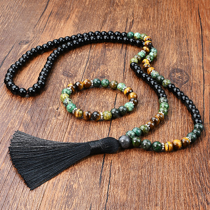 Natural Black Stone & African Turquoise(Jasper) & Tiger Eye Round Rosaries Beaded Tassel Pendant Necklaces & Bracelets Sets FS-WGB975F-03-1