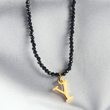304 Stainless Steel Initial Pendant Black Glass Faceted Round Beaded Pendant Necklaces for Women FS-WGC61DE-25-1