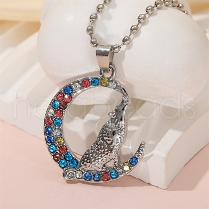 Alloy Colorful Rhinestone Howling Wolf with Moon Pendant Necklaces for Kid FS-WG51000-02-1