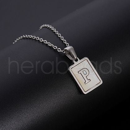 Rectangle Stainless Steel Pave Natural White Shell Pendant Necklaces FS-WG3D812-16-1