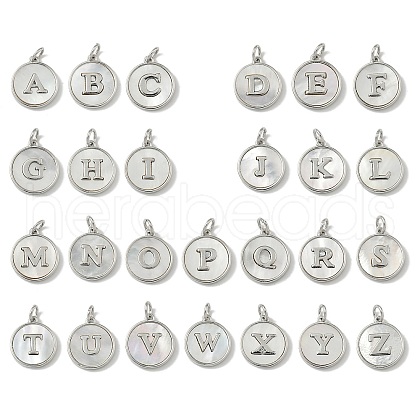 Brass Pave Natural Shell Flat Round with Letter Charms KK-Z115-13P-1