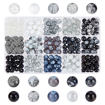 HOBBIESAY 300Pcs 15 Style Baking Painted/Spray Painted Crackle/Drawbench Transparent Glass Beads Strands DIY-HY0001-33-1