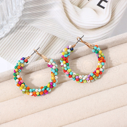 Bohemian Style Iron Glass Seed Beaded Hoop Earrings FS-WG64163-03-1