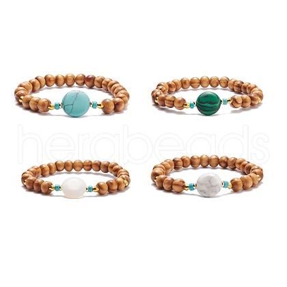 Natural Wood Stretch Bracelet with Gemstone Beads BJEW-JB08217-1