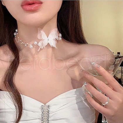 Butterfly Gauze Crystal Rhinestone with Plastic Pearl Choker Necklaces FS-WG41A31-03-1