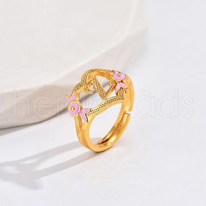 Heart & Flower Brass Pearl Pink Enamel Adjustable Finger Rings FS-WG8B9BA-24-1