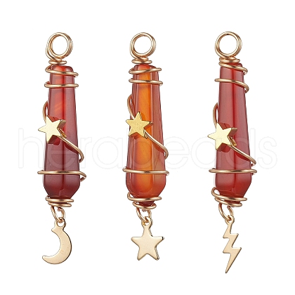 3Pcs 3 Styles Natural Carnelian Pointed Copper Wire Wrapped Faceted Bullet Big Pendants PALLOY-JF03573-01-1