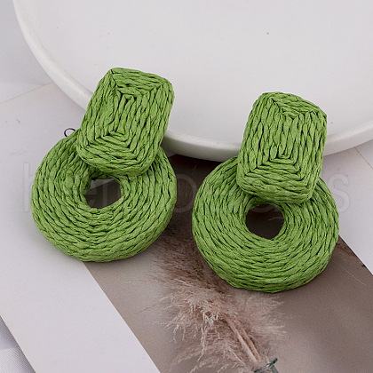 Rectangle with Flat Round Alloy Raffia Dangle Stud Earrings FS-WGEAAFD-01-1