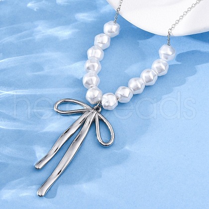304 Stainless Steel & ABS Imitation Pearl Beaded Bowknot Pendant Necklaces NJEW-R026-27P-1