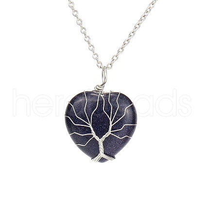 Synthetic Blue Goldstone Heart Pendant Necklaces PW-WG58330-08-1