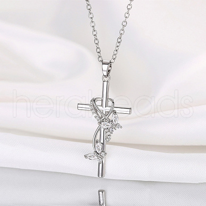 Brass Pave Cubic Zirconia Butterfly Wrapped Cross Pendant Necklaces for Women FS-WG0C599-01-1