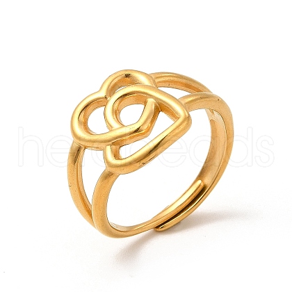 PVD Vacuum Plating 304 Stainless Steel Double Heart Adjustable Ring for Women RJEW-P081-02G-1