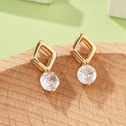 Rhombus & Flat Round Brass Micro Pave Cubic Zirconia Stud Earrings for Women EJEW-G428-20G-02-1