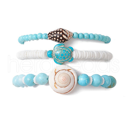 3Pcs 3 Styles Summer Beach Turtle Dyed Synthetic Turquoise & Shell Bead Bracelet Sets BJEW-JB10313-1