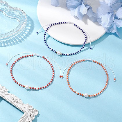 3Pcs 3 Styles Adjustable Round Imitation Pearl & Dyed Synthetic Turquoise & Glass Seed Beads Braided Anklets AJEW-AN00672-1