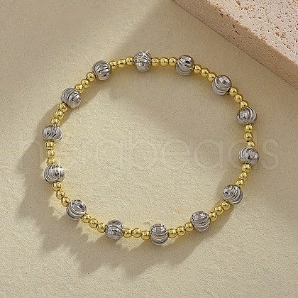 Brass Round Beaded Stretch Bracelets for Women Men BJEW-Z129-01GP-1