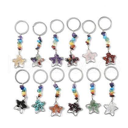 Star Brass Gemstone Keychains HJEW-S006-01P-1