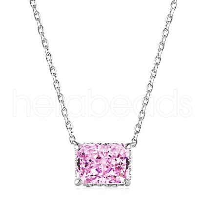 Rectangle Rhodium Plated 925 Sterling Silver Pave 8A Pink Cubic Zirconia Pendant Cable Chain Necklaces for Women NJEW-F330-06P-1