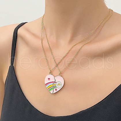 2Pcs Fashionable Alloy Enamel BFF Rainbow Heart Pendant Necklaces for Women FS-WGCCF5D-02-1